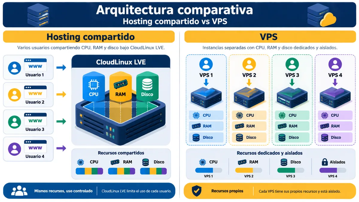 Diagrama ilustrativo de hosting compartido vs vps