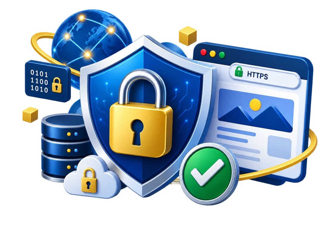Ilustración de certificado SSL: escudo, candado y navegador protegido con HTTPS