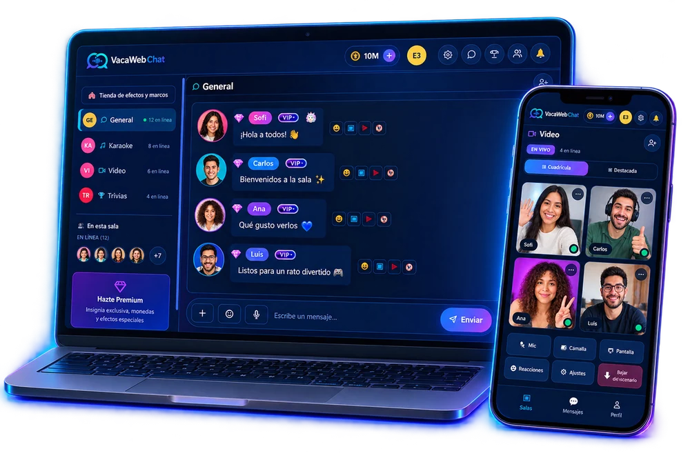 Panel de VacaWebChat mostrando una sala de chat en vivo con reacciones, insignias VIP y videollamada grupal en escritorio y celular