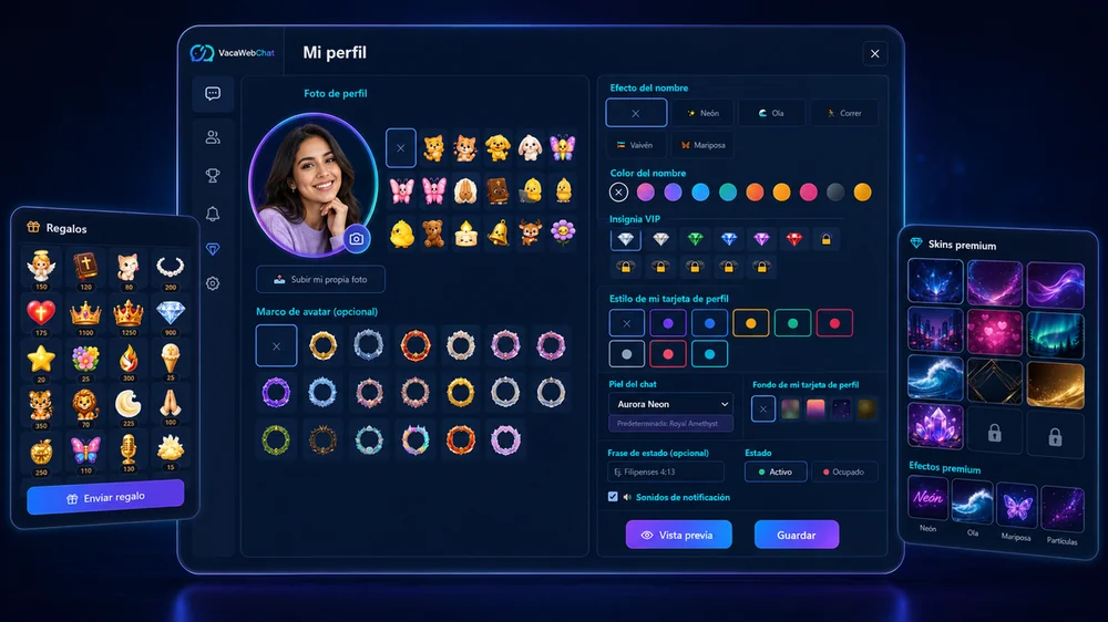 Panel de personalización de perfil en VacaWebChat con marcos de avatar, insignias VIP, pieles de chat y tienda de regalos y skins premium
