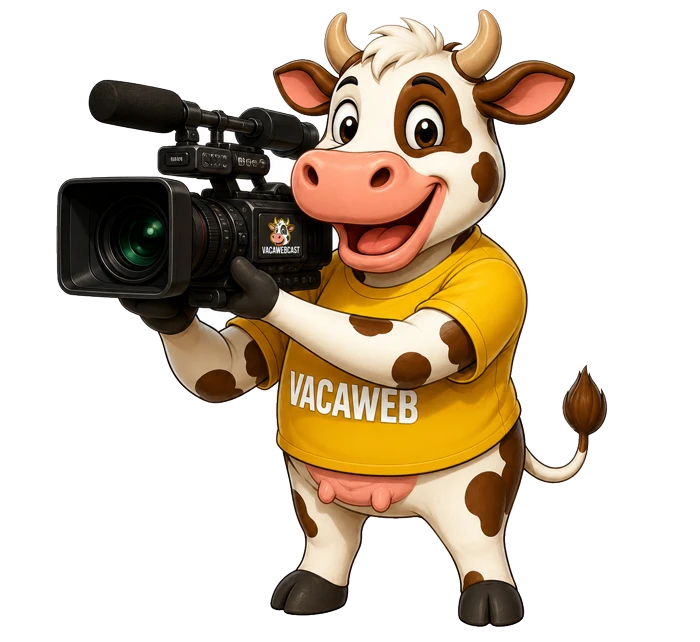 Mascota VacaWeb con cámara de video profesional — VacaWebCast TV Streaming